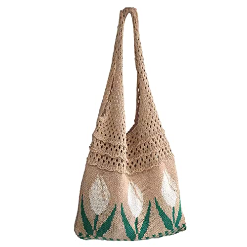 Anopo Frauen Gehäkelt Tragetasche Ästhetisch Fee Hobo Tasche Blume Umhängetasche Mesh Strandtasche Sommer Zubehör Aprikose von Anopo