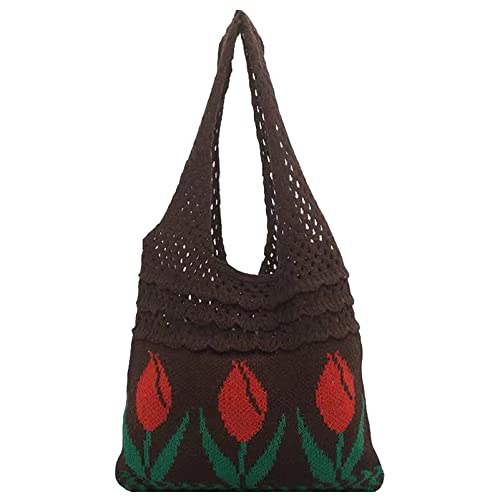 Anopo Frauen Gehäkelt Tragetasche Ästhetisch Fee Hobo Tasche Blume Umhängetasche Mesh Strandtasche Sommer Zubehör Kaffee von Anopo