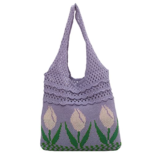 Anopo Frauen Gehäkelt Tragetasche Ästhetisch Fee Hobo Tasche Blume Umhängetasche Mesh Strandtasche Sommer Zubehör Lila von Anopo