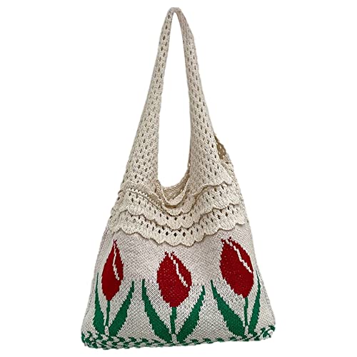 Anopo Frauen Gehäkelt Tragetasche Ästhetisch Fee Hobo Tasche Blume Umhängetasche Mesh Strandtasche Sommer Zubehör Weiß von Anopo