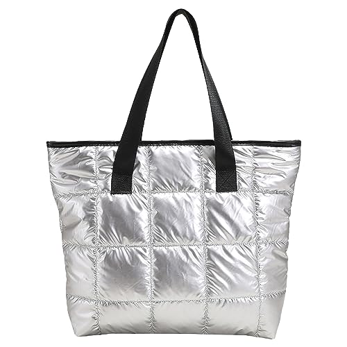 Anopo Gesteppte Tasche Damen Puffer Tote Handtaschen Stepptasche Damen Shopper Sanft Gepolstert Umhängetasche Einkaufstasche Silber von Anopo