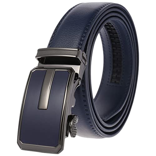 Anopo Herren Gürtel Ratsche Echtleder Slide Automatische Legierung Schnalle Jeans Kostüm Gürtel für Casual Business Dress Verstellbare Garnitur Blau 125CM von Anopo