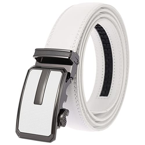 Anopo Herren Gürtel Ratsche Echtleder Slide Automatische Legierung Schnalle Jeans Kostüm Gürtel für Casual Business Dress Verstellbare Garnitur Weiß 110CM von Anopo