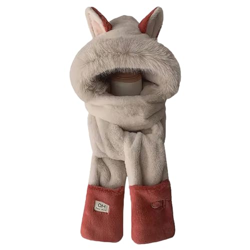 Anopo Kapuzenschal mit Fäustlingen für Damen Winter Warm Kunstpelz 3 in 1 Schal Mütze Handschuhe Combo mit Niedlich Fuchs Ohr Beige von Anopo