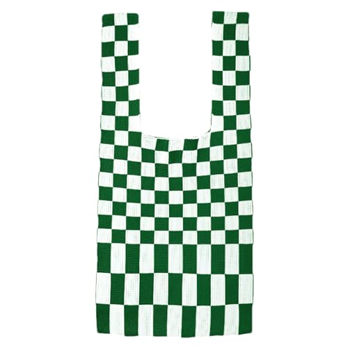 Anopo Karierte Tragetasche Häkeltaschen für Damen Kleine Gestrickte Einkaufstasche Boho Gewebte Handtasche Grün Weiß von Anopo