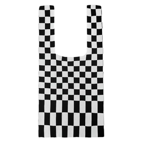 Anopo Karierte Tragetasche Häkeltaschen für Damen Kleine Gestrickte Einkaufstasche Boho Gewebte Handtasche Schwarz Weiß von Anopo