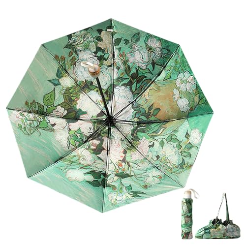 Anopo Kleiner Regenschirm für Regen und Sonne Taschenschirm Sturmfest für Damen mit 8 Rippen Blume Faltbarer Regenschirm UV Schutz mit Organizer Tasche Grüne Rosen von Anopo