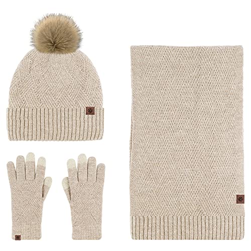 Anopo Schal Mütze Handschuh Set Damen Touchscreen Handschuhe Lange Warm Schal Beanie Strickmütze mit Bommel Winter Warm Dickes Satz Braun Anopo Schal Mütze Handschuh Set Damen Touchscreen Handschuhe Lange Warm Schal Beanie Strickmütze mit Bommel Winter Warm Dickes Satz Braun von Anopo