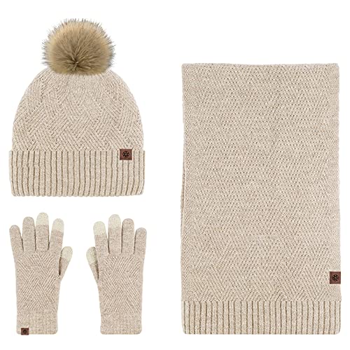 Anopo Schal Mütze Handschuh Set Damen Touchscreen Handschuhe Lange Warm Schal Beanie Strickmütze mit Bommel Winter Warm Dickes Satz Braun von Anopo