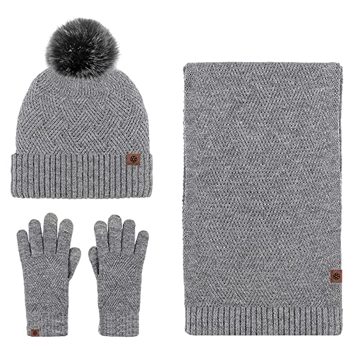Anopo Schal Mütze Handschuh Set Damen Touchscreen Handschuhe Lange Warm Schal Beanie Strickmütze mit Bommel Winter Warm Dickes Satz Grau von Anopo