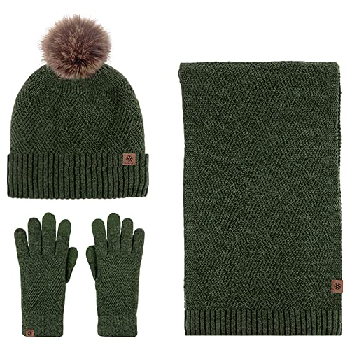 Anopo Schal Mütze Handschuh Set Damen Touchscreen Handschuhe Lange Warm Schal Beanie Strickmütze mit Bommel Winter Warm Dickes Satz Grün von Anopo