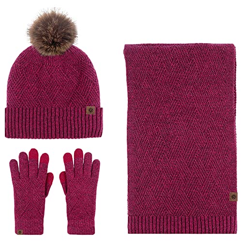 Anopo Schal Mütze Handschuh Set Damen Touchscreen Handschuhe Lange Warm Schal Beanie Strickmütze mit Bommel Winter Warm Dickes Satz Rot von Anopo