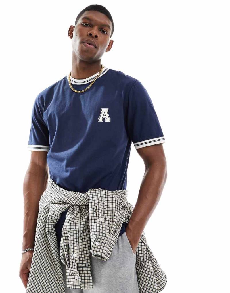 Another Influence - Ringer-T-Shirt in Marineblau mit Print von Another Influence