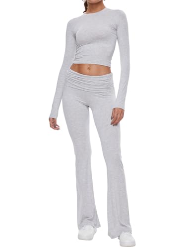 AnotherChill 2-teiliges Lounge-Set für Damen, umklappbar, ausgestelltes Hosen-Set, langärmelig, bauchfreies Oberteil, lässige Outfits, Pyjamas, Hellgrau, M von AnotherChill