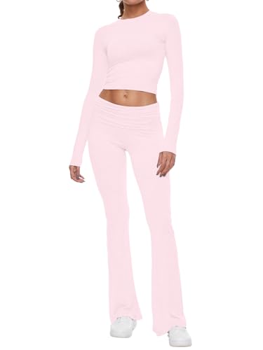 AnotherChill 2-teiliges Lounge-Set für Damen, umklappbar, lange Ärmel, bauchfreies Oberteil, lässige Outfits, Schlafanzug, Rosa, M-L AnotherChill 2-teiliges Lounge-Set für Damen, umklappbar, lange Ärmel, bauchfreies Oberteil, lässige Outfits, Schlafanzug, Rosa, M-L von AnotherChill