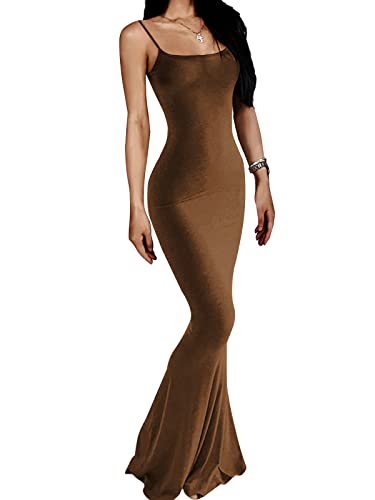 AnotherChill Damen Casual Lounge Slip Langes Kleid Sexy Ärmellos Rückenfrei Bodycon Maxikleider 2022 Frühling Slim Elegant, Braun, X-Klein von AnotherChill