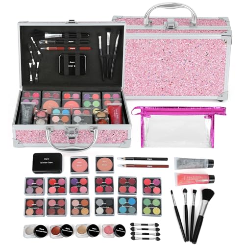 Anpro Veganes Hot Pink Schminkkoffer, Make Up Set für unterwegs mit Kosmetikpinsel, Lippenstift, Lidschattenpalette, Rouge, Glitzer-Gel in Rosa, lustiger Reise-Schminkkoffer für Mädchen von Anpro