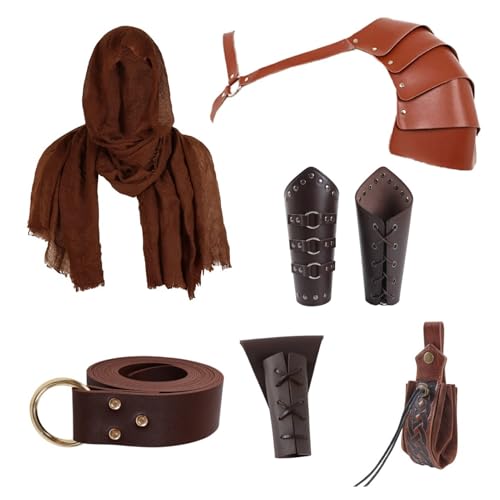 Anraocoss Mittelalter Ritter Kostümzubehör Set, mit Mittelalter Gürtel, Retro Kopftuch, Steampunk Schulterpanzer, Armschützern, Gürteltasche, Schwert, Halloween Frosch (braun) von Anraocoss