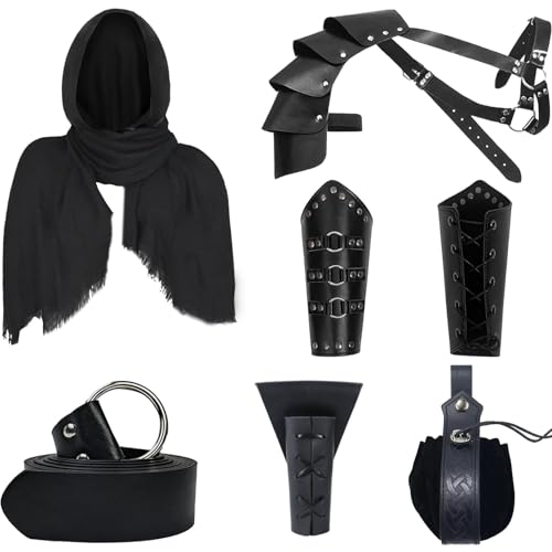 Anraocoss Mittelalter Ritter Kostümzubehör Set, mit Mittelalter Gürtel, Retro Kopftuch, Steampunk Schulterpanzer, Armschützern, Gürteltasche, Schwert, Halloween Frosch (schwarz) von Anraocoss