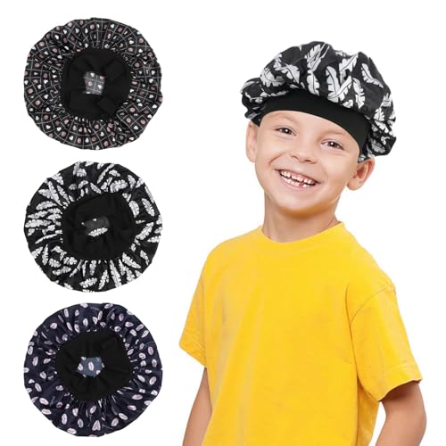 Anrbb 3 Stück Seidenhaube Kinder, Satin Schlafhaube aus weichem Polyester, Seidenschlafmütze mit breitem Gummiband, Haarhaube für lockiges Haar, Duschhaube für Kinder, hautfreundlich und rutschfest von Anrbb