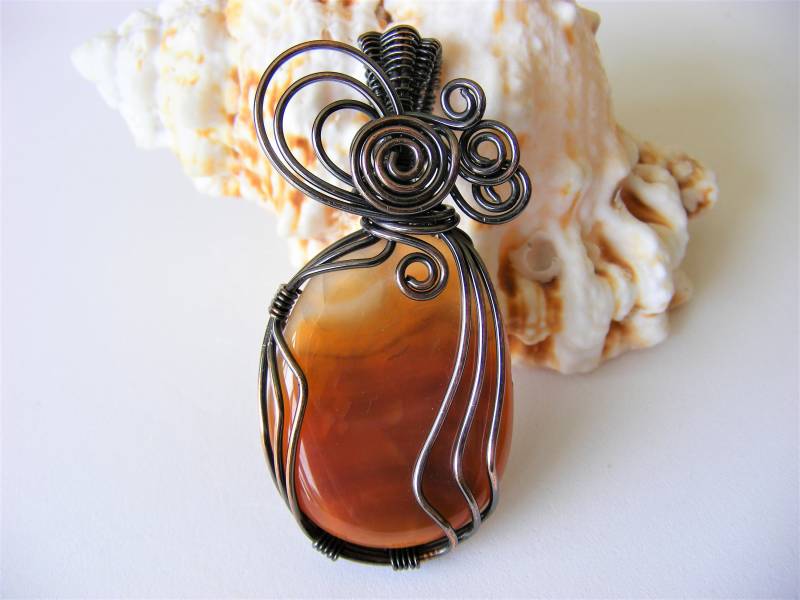 Draht Gewickelt Kupfer Sonnenuntergang Achat Anhänger; Swirly Anhänger Mit Achat; Ideale Hochzeitstag Geschenk von AnriAdachiJewellery