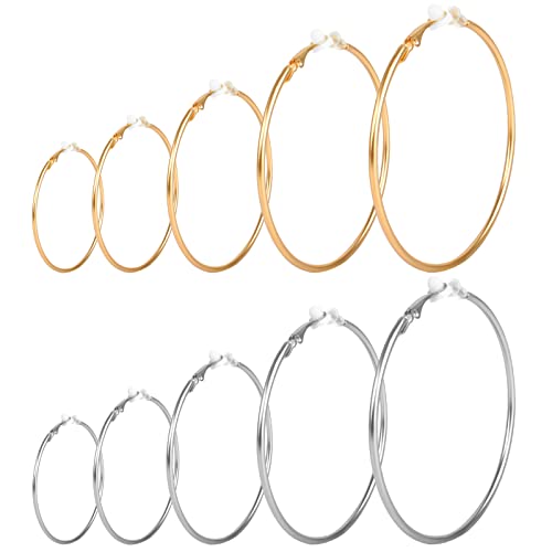 Anruyi 10 Paar Nicht Piercing Ohrringe Set Clip On Ohrringe Fälschung Ohrringe Hoop Legierung Große Creolen Set Nicht Durchbohrte Earring für Damen ohne Ohrlöcher 30/40/50/60/70 mm (Gold und Silber) von Anruyi