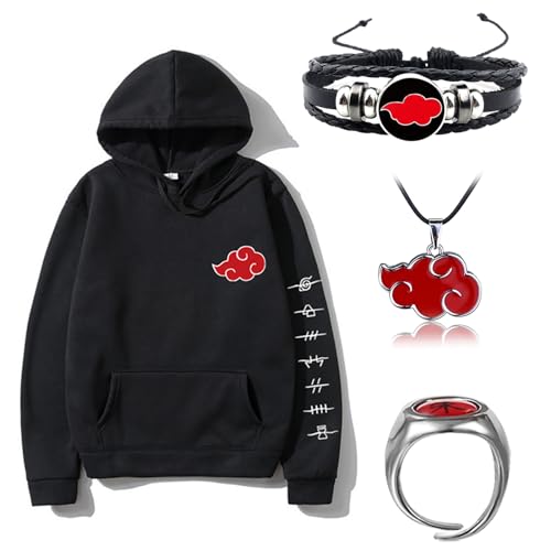 Anime Hoodie Akatsuki, Itachi Hoodie Schwarz, Damen Herren Casual Fashion 3D Digitaldruck Sweatshirts, Halskette, Ring, Japanese Anime Pullover für Unisex Erwachsener Cosplay Kostüm (L(165-170 cm)) von Ansamy