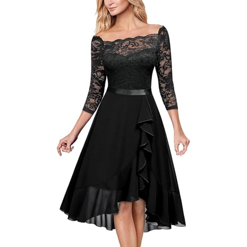 Abendkleider Elegant Für Hochzeit Midi Kleid Hochzeitsgast Damen Sommer mit Ärmeln Abschlusskleid Spitze Chiffon Brautjungfernkleider Frauen Asymmetrisch Festliche Kleider Ballkleider von Ansenesna