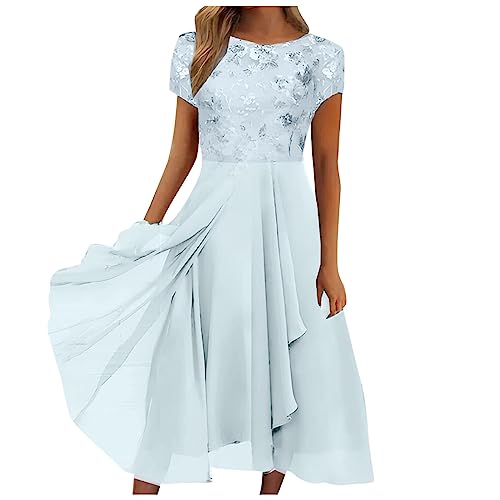 Abendkleider Elegant Für Hochzeit Midi Kleid Hochzeitsgast Damen Sommer mit Ärmeln Abschlusskleid Spitze Chiffon Brautjungfernkleider Frauen Asymmetrisch Festliche Kleider Ballkleider von Ansenesna
