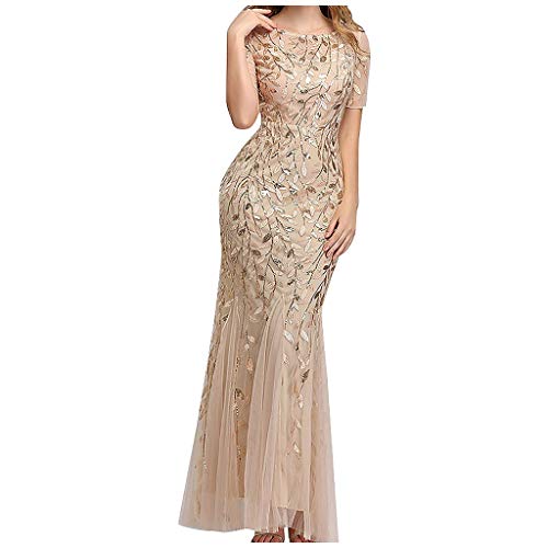 Ansenesna Abendkleid Damen Festlich Hochzeit Lang Elegant Kleid Frauen Kurzarm Slim Maxi Abschlussball Kleider (Gold,XXL) von Ansenesna