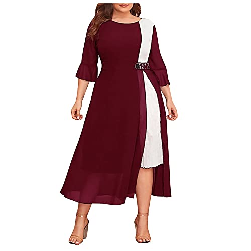 Ansenesna Abendkleid Damen Große Größen Chiffon Elegant Kleid Für Mollige Frauen Mit Ärmel Asymmetrisch Kleider Leichte Sommerkleider (Weinrot,XXXXL) von Ansenesna