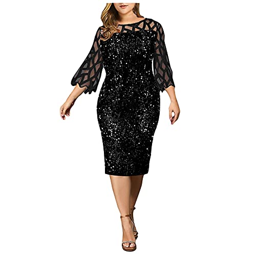 Ansenesna Abendkleid Damen Große Größen Pailletten Glitzer Elegant Kleid Für Mollige Frauen Mit Ärmel Knielang Festlich Hochzeit Kleider (Schwarz,L) von Ansenesna