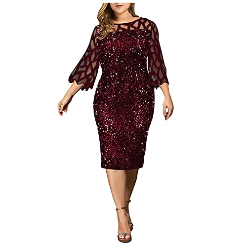 Ansenesna Abendkleid Damen Große Größen Pailletten Glitzer Elegant Kleid Für Mollige Frauen Mit Ärmel Knielang Festlich Hochzeit Kleider (Weinrot,XXXXL) von Ansenesna