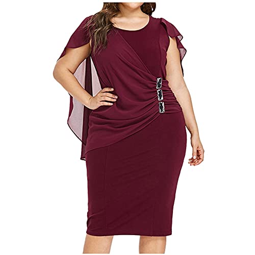 Ansenesna Abendkleid Damen Große Größen Sommer Knielang Chiffon Elegant Kleider Für Mollige Frauen Asymmetrisch Festlich Party Kleider (Weinrot,XXXXXL) von Ansenesna