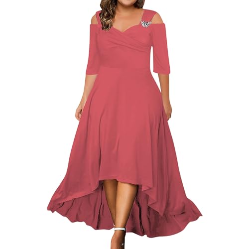Ansenesna Abendkleid Damen Große Größen V Ausschnitt Kleider Für Mollige Frauen Cold Shoulder Halbarm Abendkleider Elegant Hochzeitsgast Festliche Kleid Vorne Kurz Hinten Lang Partykleid von Ansenesna