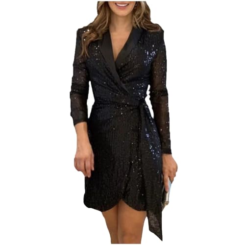 Ansenesna Abendkleid Damen Kurz Wickelkleid Damen V Ausschnitt Elegant Abendkleider Mit ärmeln Frauen Langarm Silvester Kleid A Linie Festliche Kleider Wickel Ballkleid von Ansenesna