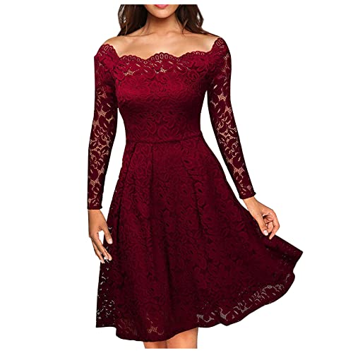 Ansenesna Abendkleid Elegant Für Hochzeit Spitze Kleid Damen Schulterfrei Vokuhila Festliche Kleider Frauen Langarm Knielang A Linie Silvester Partykleid Schick Ballkleid Off Shoulder Brautkleid von Ansenesna