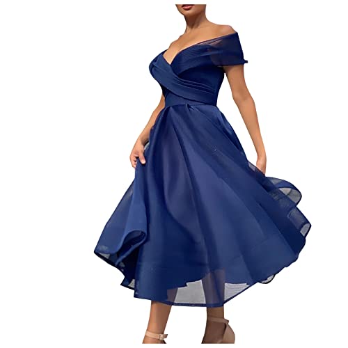 Ansenesna Abendkleid Off Shoulder Damen Vokuhila Party Kleid Elegant Frauen Schulterfrei Wadenlang Festliche Partykleid Ballkleid Mittellange Abendmode Kleider von Ansenesna