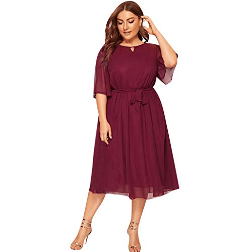 Ansenesna Abendkleider Damen Große Größen mit Gürtel Chiffon Elegant Kleid Frauen Kurzarm Knielang Party Festlich Kleider Für Mollige Sommerkleider (Rot,XL) von Ansenesna