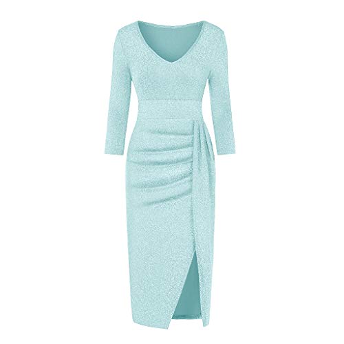 Ansenesna Abendkleider Damen mit Schlitz Glitzer Elegant Kleid Frauen Party Festlich Hochzeit Cocktailkleid V Ausschnitt Langarm Abschlussball Kleider (Himmelblau,L) von Ansenesna