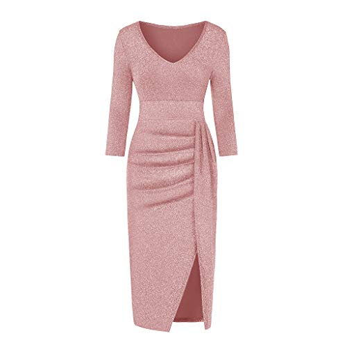 Ansenesna Abendkleider Damen mit Schlitz Glitzer Elegant Kleid Frauen Party Festlich Hochzeit Cocktailkleid V Ausschnitt Langarm Abschlussball Kleider (Rosa,L) von Ansenesna