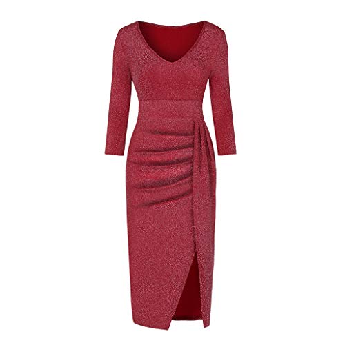 Ansenesna Abendkleider Damen mit Schlitz Glitzer Elegant Kleid Frauen Party Festlich Hochzeit Cocktailkleid V Ausschnitt Langarm Abschlussball Kleider (Rot, m) von Ansenesna