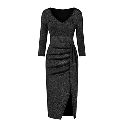 Ansenesna Abendkleider Damen mit Schlitz Glitzer Elegant Kleid Frauen Party Festlich Hochzeit Cocktailkleid V Ausschnitt Langarm Abschlussball Kleider (Schwarz, l) von Ansenesna