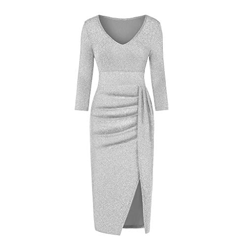 Ansenesna Abendkleider Damen mit Schlitz Glitzer Elegant Kleid Frauen Party Festlich Hochzeit Cocktailkleid V Ausschnitt Langarm Abschlussball Kleider (Silber, l) von Ansenesna