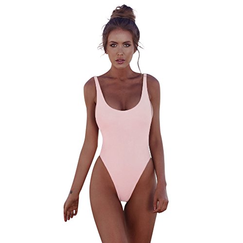 Ansenesna Badeanzug Hoher Beinausschnitt Damen Bauchweg Figurformend Bikini Push Up Frauen Rückenfrei Verstellbare Träger Bademode Strand Schwimmen Badeanzüge (Rosa,M) von Ansenesna