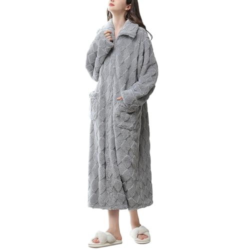 Ansenesna Bademantel Damen Flauschig Lang Winter Bademantel Damen mit Reißverschluss Fleece Bademäntel Kuschelig Warm Plüsch Schlafanzug Frauen Kuschel Elegant Bathrobe Flauschiger Morgenmantel von Ansenesna