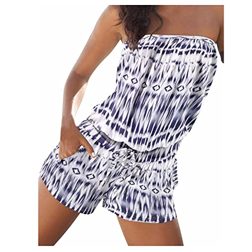 Ansenesna Bandeau Jumpsuit Boho Damen Kurz Sommer Overall Elegant Ohne Träger Trägerlos Jumpsuits Onesie Frauen Off Shoulder Schulterfrei Overalls Kuschelig Strand Playsuit von Ansenesna