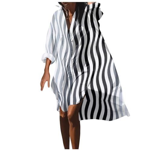 Ansenesna Blusenkleid Damen Sommer Elegant Strandkleid Damen Luftig V Ausschnitt Tunika Kleid Vorne Kurz Hinten Lang Hemdkleid Frauen mit Ärmeln Langarm Sommerkleid Leicht Muster Kleider von Ansenesna