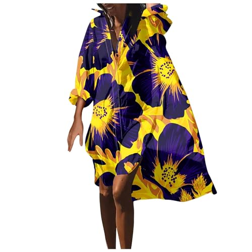 Ansenesna Blusenkleid Damen Sommer Elegant Strandkleid Damen Luftig V Ausschnitt Tunika Kleid Vorne Kurz Hinten Lang Hemdkleid Frauen mit Ärmeln Langarm Sommerkleid Leicht Muster Kleider von Ansenesna