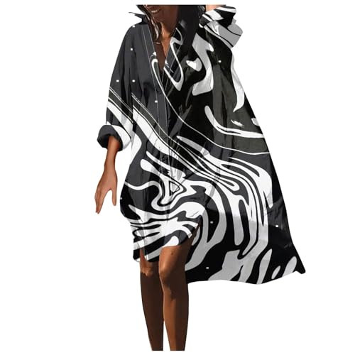 Ansenesna Blusenkleid Damen Sommer Elegant Strandkleid Damen Luftig V Ausschnitt Tunika Kleid Vorne Kurz Hinten Lang Hemdkleid Frauen mit Ärmeln Langarm Sommerkleid Leicht Muster Kleider von Ansenesna